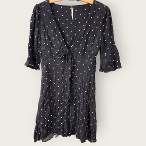 Free People Polka Dot Mini Dress Black Tie Neck Sz XS
